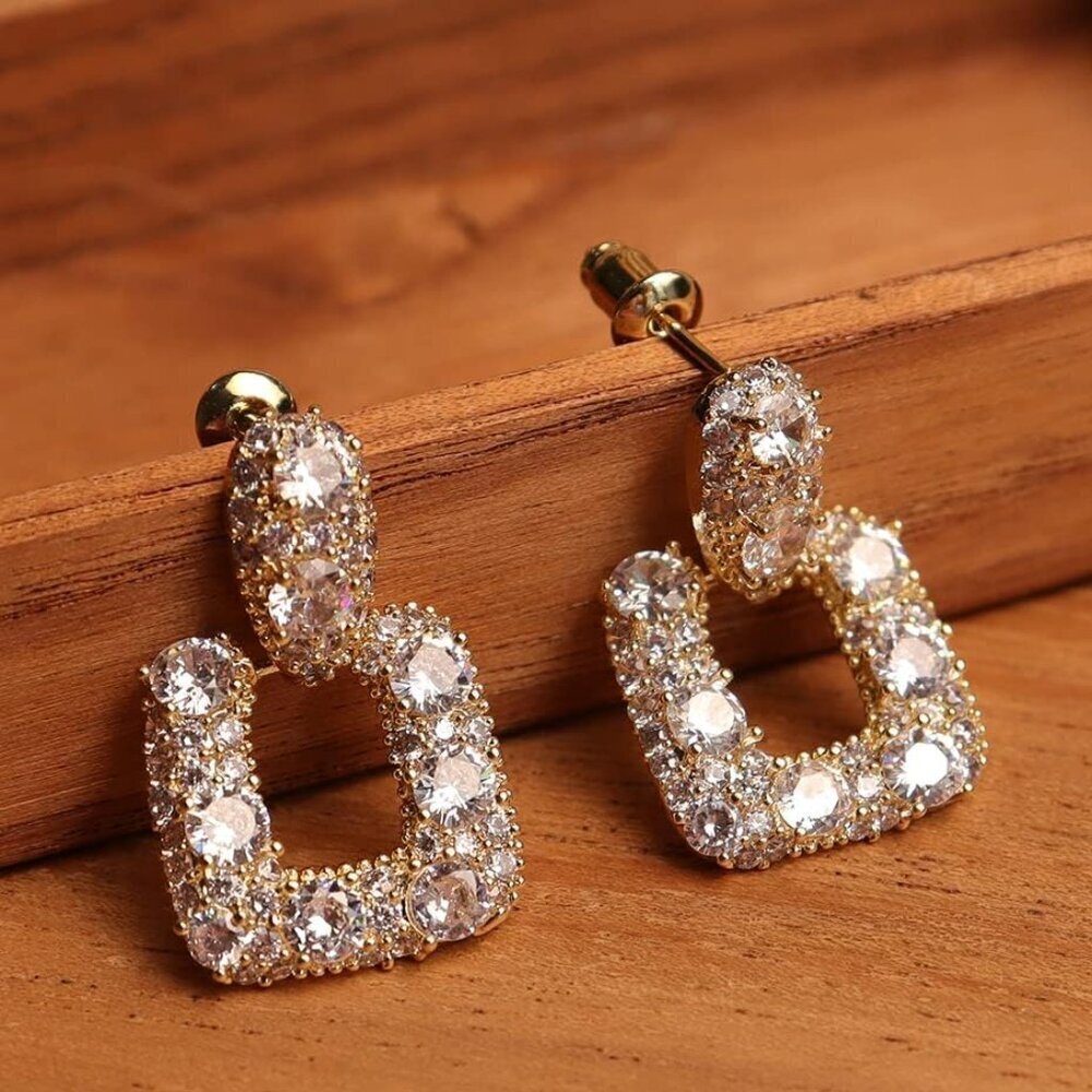 Women's Square Gold Dangle Sparkly Cubic Zirconia Crystal Rhinestone Earring